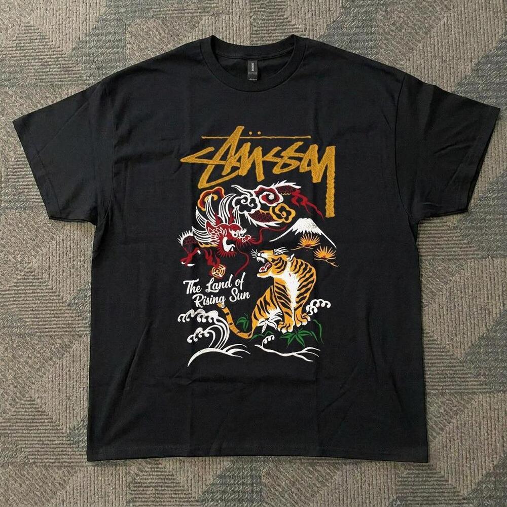 Black Stussy Tiger Dragon Cotton Tee